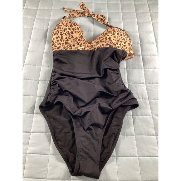 Cupshe Leopard Print & Black One-Piece Swimsuit M With Halter Neck & Padded Cups - Picture 3 of 5